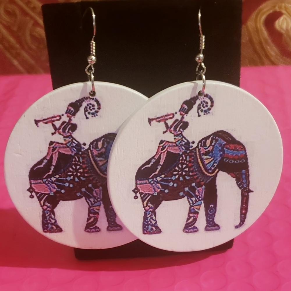 African themed wooden Earrings with an elephant on them